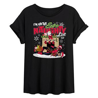 Juniors' Marvel Deadpool Extra Naughty List Oversized Tee