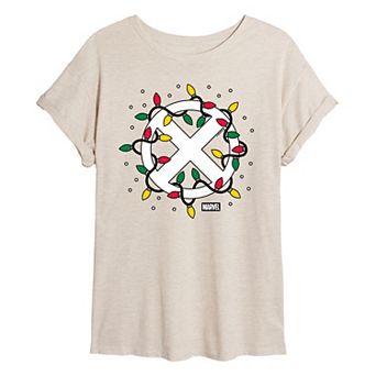 Juniors' Marvel X-Men Logo Christmas Lights Oversized Tee