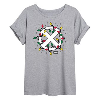 Juniors' Marvel X-Men Logo Christmas Lights Oversized Tee