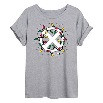 Juniors' Marvel X-Men Logo Christmas Lights Oversized Tee
