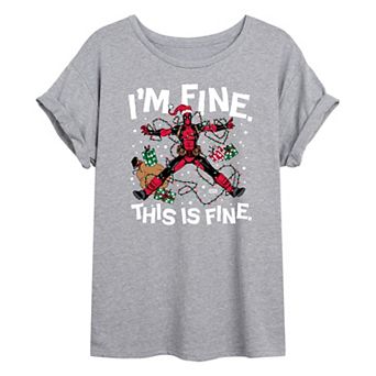 Juniors' Marvel Deadpool I'm Fine This Is Fine Oversized Tee