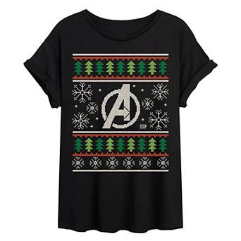 Juniors' Marvel The Avengers Ugly Christmas Sweater Oversized Tee