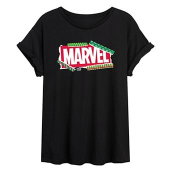 Juniors' Marvel Logo Christmas Oversized Tee