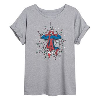 Juniors' Marvel Spider-Man Holiday Lights Oversized Tee