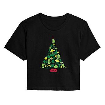 Juniors' Star Wars Christmas Tree Silhouette Cropped Tee