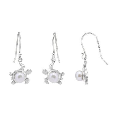 Aleure Precioso Sterling Silver Freshwater Cultured Pearl Sea Turtle Fishhook Earrings
