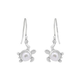 Aleure Precioso Sterling Silver Freshwater Cultured Pearl Sea Turtle Fishhook Earrings