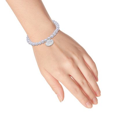 Aleure Precioso Sterling Silver Glass Pearl Clam Drop Charm Stretch Bracelet
