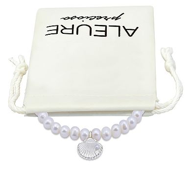 Aleure Precioso Sterling Silver Glass Pearl Clam Drop Charm Stretch Bracelet