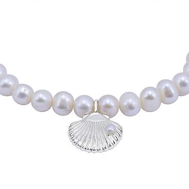 Aleure Precioso Sterling Silver Glass Pearl Clam Drop Charm Stretch Bracelet
