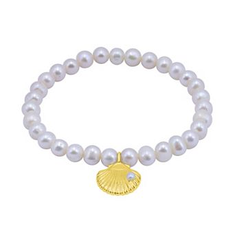 Aleure Precioso Sterling Silver Glass Pearl Clam Drop Charm Stretch Bracelet