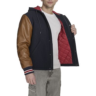 Men's Champion® Mixed Media Hooded Varsity Jacket with Patches