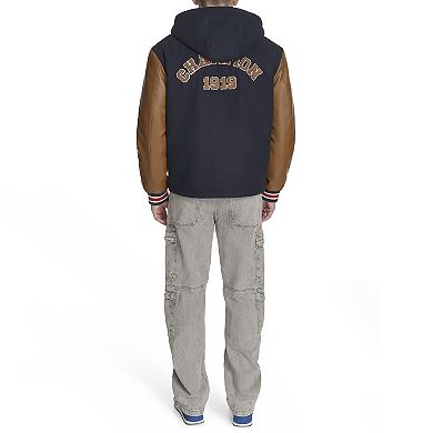 Men's Champion® Mixed Media Hooded Varsity Jacket with Patches