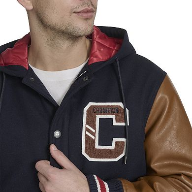 Men's Champion® Mixed Media Hooded Varsity Jacket with Patches