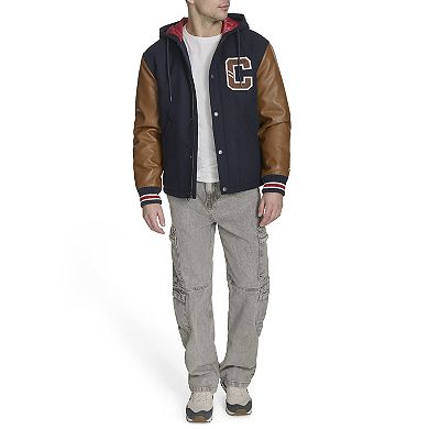 Men's Champion® Mixed Media Hooded Varsity Jacket with Patches