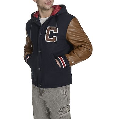 Men's Champion® Mixed Media Hooded Varsity Jacket with Patches