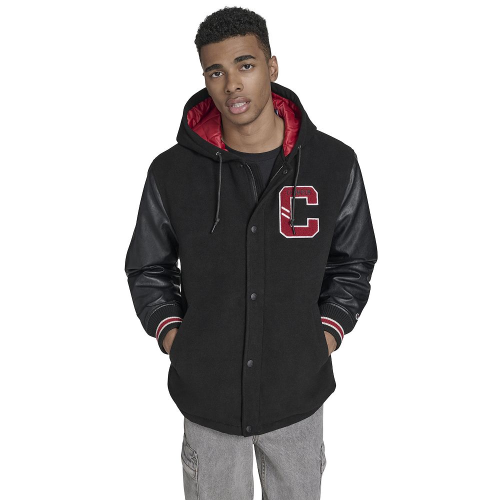 Men's Champion® Mixed Media Hooded Varsity Jacket with Patches