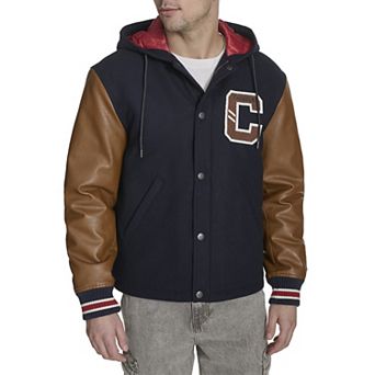 Men's Champion® Mixed Media Hooded Varsity Jacket with Patches