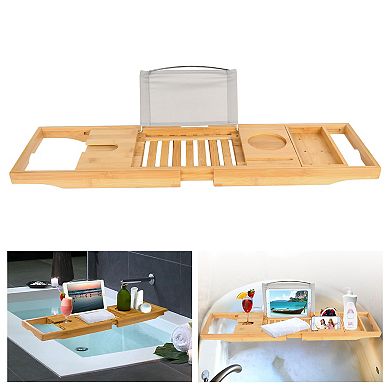 Bamboo Bathtub Caddy Tray Extendable Bath Table with Tablet, Phone & Wine Glass Holder