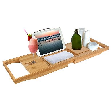 Bamboo Bathtub Caddy Tray Extendable Bath Table with Tablet, Phone & Wine Glass Holder
