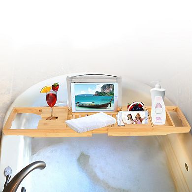 Bamboo Bathtub Caddy Tray Extendable Bath Table with Tablet, Phone & Wine Glass Holder