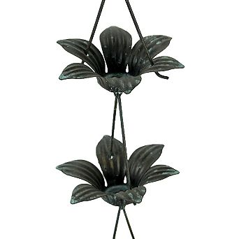 Verdigris Finish Metal Lily Flower Rain Chain w/Attached Hanger 48 Inch
