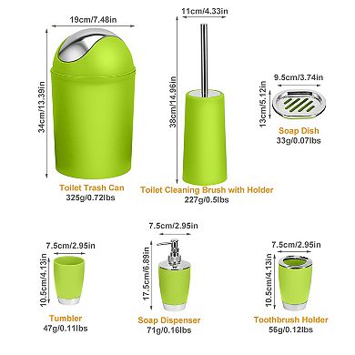 6-Pc Bathroom Accessories Set with Soap Dispenser, Toothbrush Holder, Tumbler, Dish, Brush & Trash C