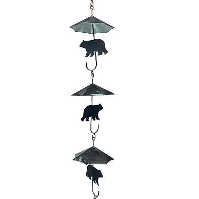 Rustic Black Bear & Umbrella Rain Chain - 75" Long Distressed Verdigris Finish