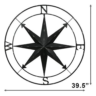 Black Indoor Outdoor Metal Compass Rose Hanging Wall Decor 39.5 Inch Diameter