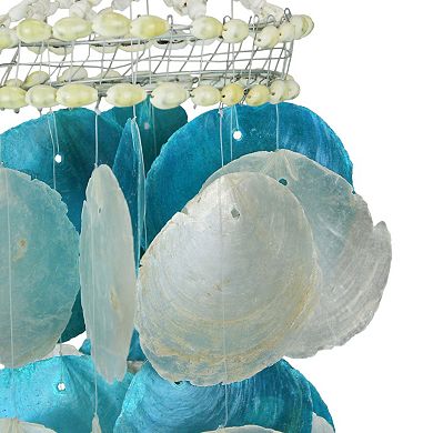 Set of 2 Coastal Blue and White Capiz and Cowrie Shell Wind Chimes Garden Patio