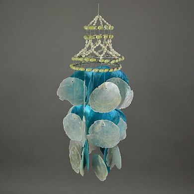 Set of 2 Coastal Blue and White Capiz and Cowrie Shell Wind Chimes Garden Patio