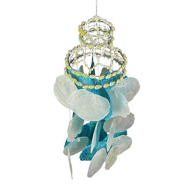 Set of 2 Coastal Blue and White Capiz and Cowrie Shell Wind Chimes Garden Patio