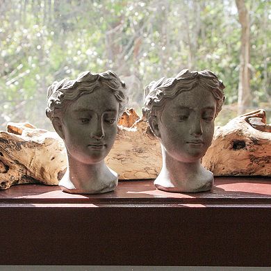 Set of 2 Weathered Gray Greek Lady Statue Wall Mount Cement Head Planter 6 Inch