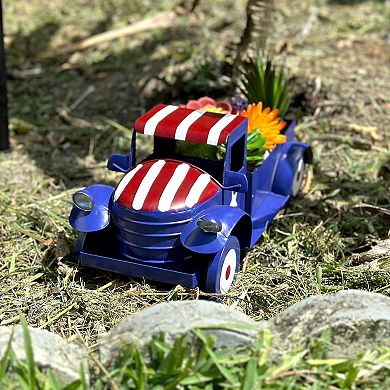 Rustic Blue Metal Vintage Patriotic Pickup Truck Planter Antique Stars & Stripes