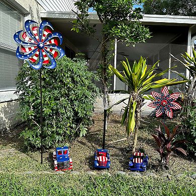 Rustic Blue Metal Vintage Patriotic Pickup Truck Planter Antique Stars & Stripes