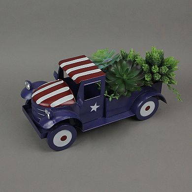 Rustic Blue Metal Vintage Patriotic Pickup Truck Planter Antique Stars & Stripes