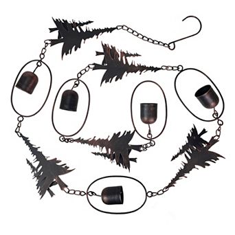 70" Metal Rain Chain - Forest Trees & Zen Bells, Aged Bronze, 3.25" Diameter