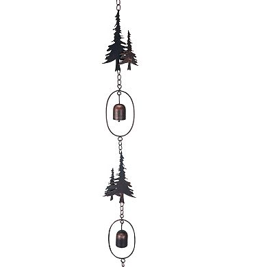 70" Metal Rain Chain - Forest Trees & Zen Bells, Aged Bronze, 3.25" Diameter