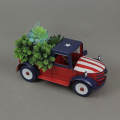 Rustic Red Metal Vintage Patriotic Pickup Truck Planter Antique Stars & Stripes