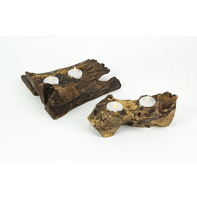 Set of 2 Natural Gamal Root Wood Double Tealight Candle Holders - 8 Inch