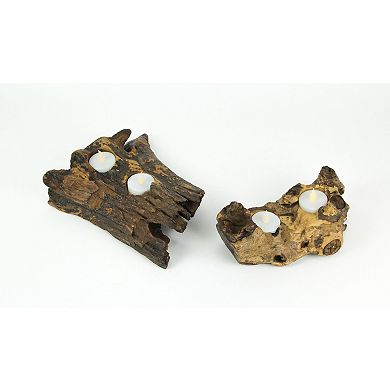Set of 2 Natural Gamal Root Wood Double Tealight Candle Holders - 8 Inch