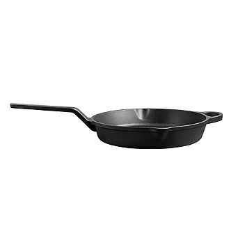 10" Cast Iron Griddle Pan with long handle, pre-seasoned for heavy-duty flat cooking.