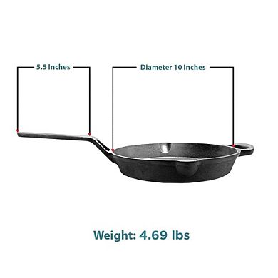10" Cast Iron Griddle Pan with long handle, pre-seasoned for heavy-duty flat cooking.