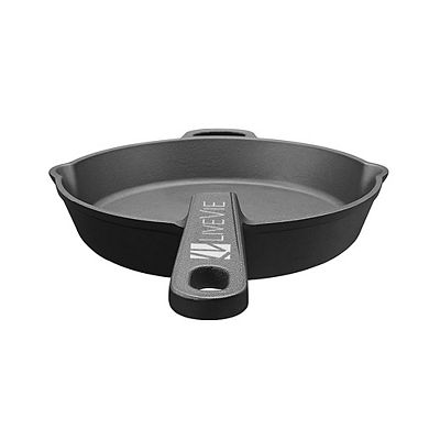 10" Cast Iron Griddle Pan with long handle, pre-seasoned for heavy-duty flat cooking.