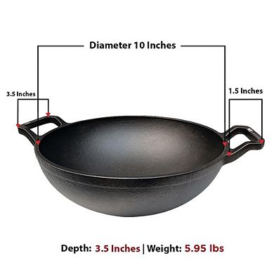 LIVEVIE 10" Cast Iron Deep Kadai Wok with dual handles, heavy-duty for versatile cooking.