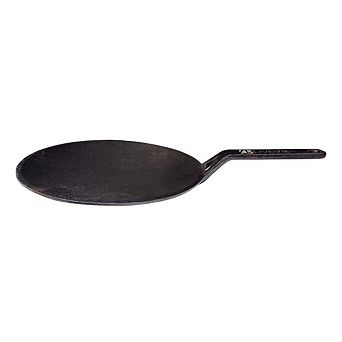 LIVEVIE 10" Concave Cast Iron Skillet Tawa, pre-seasoned with 5.5" handle for versatile use.