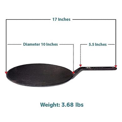 LIVEVIE 10" Concave Cast Iron Skillet Tawa, pre-seasoned with 5.5" handle for versatile use.