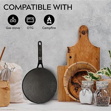 LIVEVIE 10" Concave Cast Iron Skillet Tawa, pre-seasoned with 5.5" handle for versatile use.