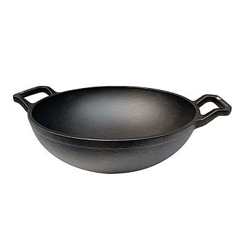 LIVEVIE 9" Cast Iron Deep Kadai Wok with dual handles, heavy-duty for frying & curries.