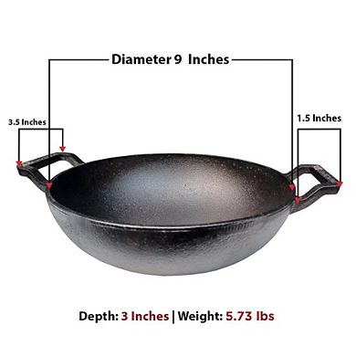 LIVEVIE 9" Cast Iron Deep Kadai Wok with dual handles, heavy-duty for frying & curries.